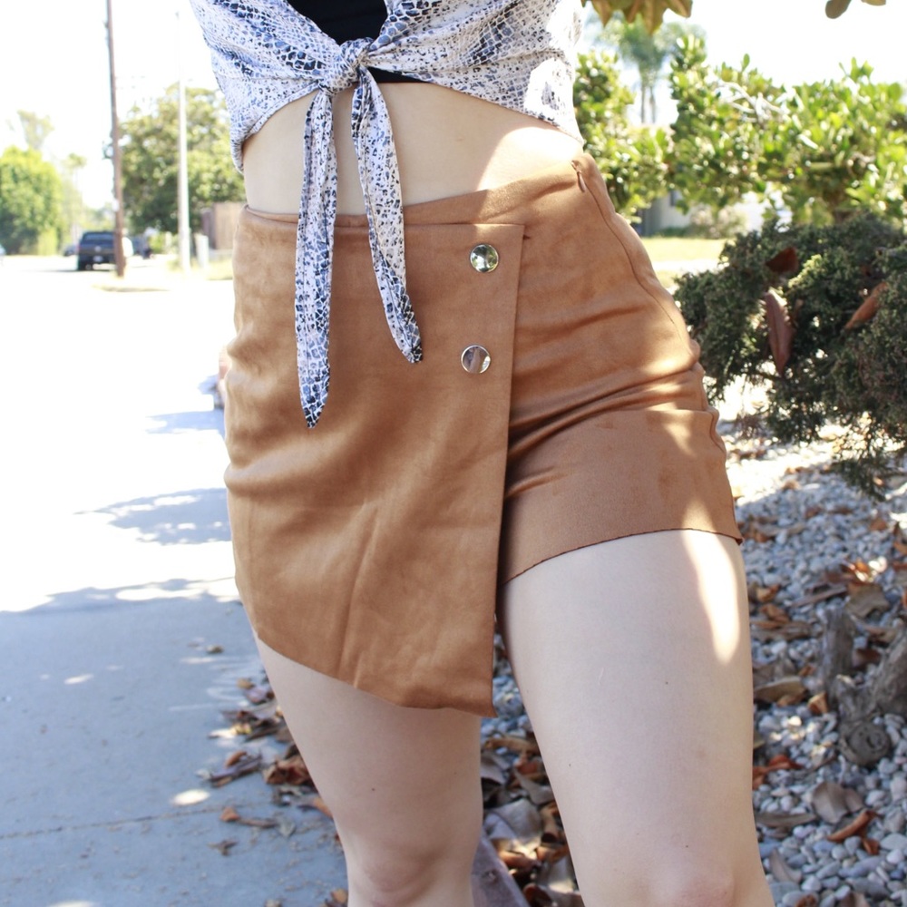 Suede, camel shorts with a shirt look